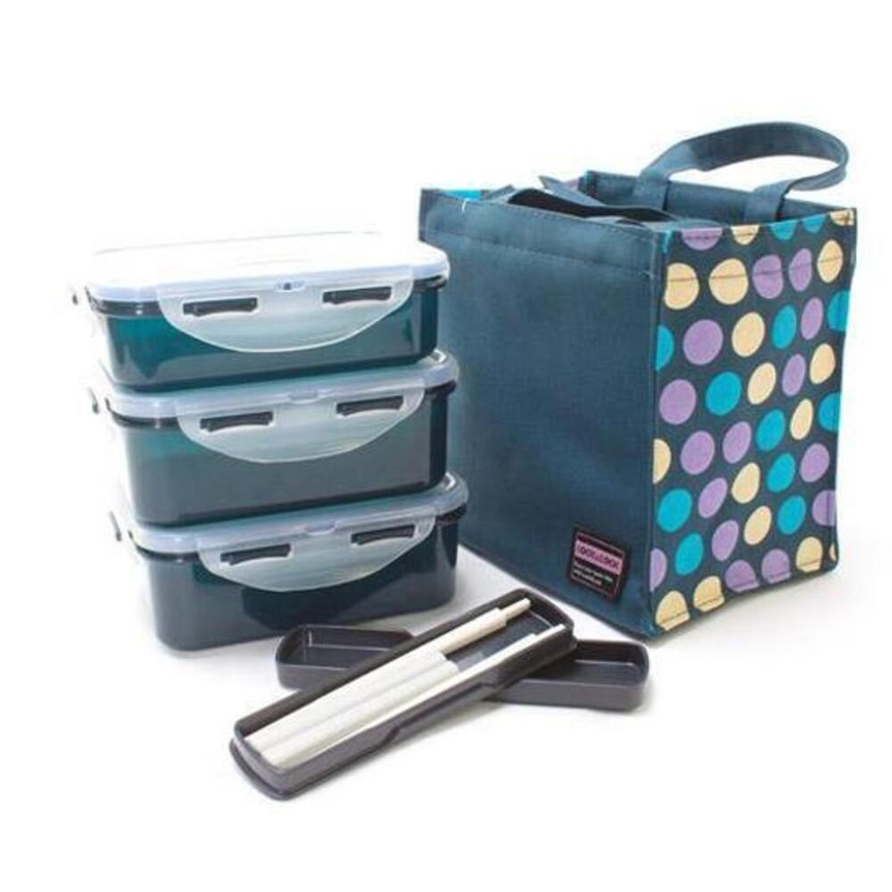 HPL814DBN Lock & Lock Lunch Set W/Dots Bag/810(1), 814(1),814C(1), HPP700(1) (Navy)