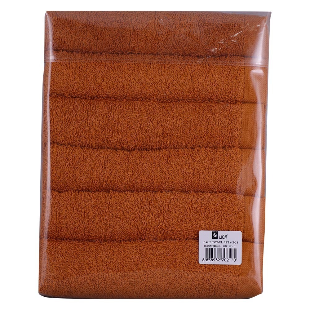 Lion Face Towel 12X12IN 6PCS (Brown)