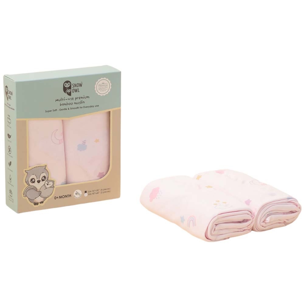 Snow Owl Bamboo Muslin 40X40 Pack2 - Lovely Sky Pink