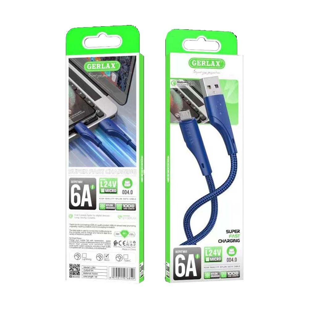 Gerlax L24 Cilicon 1000MM USB Micro 6A Data Cable (Blue)