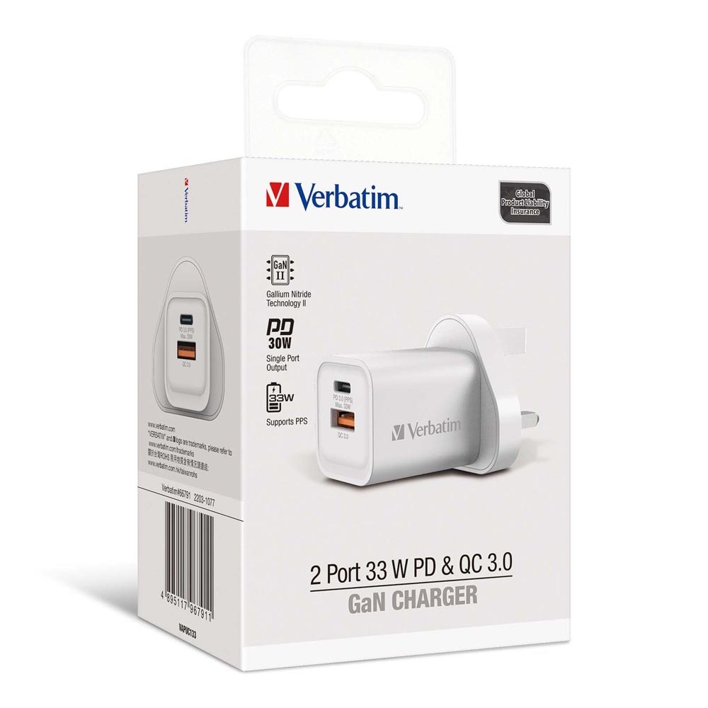 Verbatim 2 Ports 33W PD&QC 3.0 GaN Charger (White)