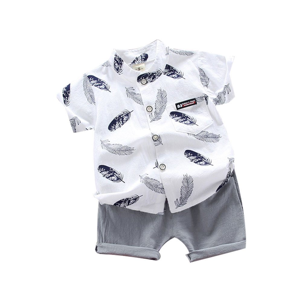 Baby Boy Short-Sleeve All Over Feather Print Button Up Shirt And Solid Shorts Set (9-12 Months) 19538061