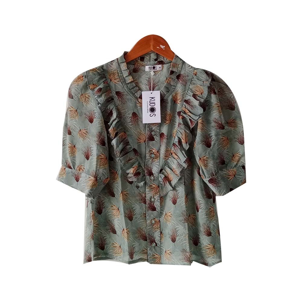 Kudos Floral Chiffon Woman Blouse  B-011 Silver Blue Small