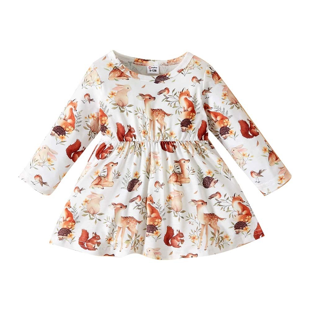 Baby Girl All Over Forest Animals Print Long-Sleeve Dress (9-12 Months) 20137047