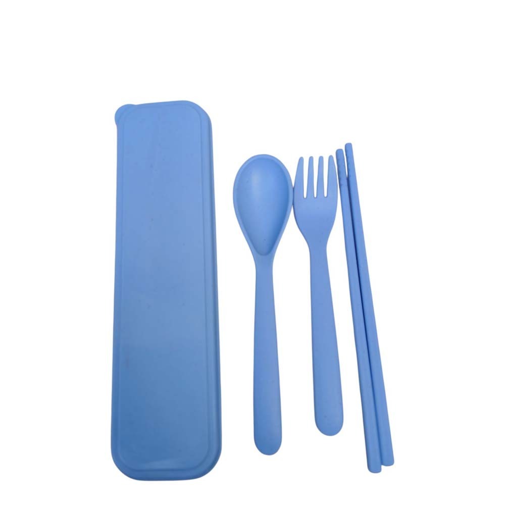 Beauty House Wheat Straw Spoon Fork & Chopstick Set (Blue)