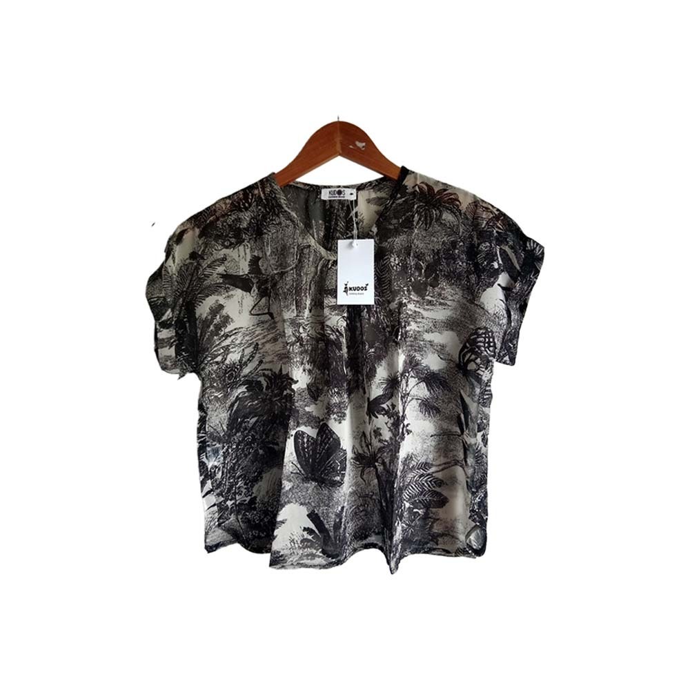 Kudos Floral Chiffon Woman Blouse Black B-007 Medium