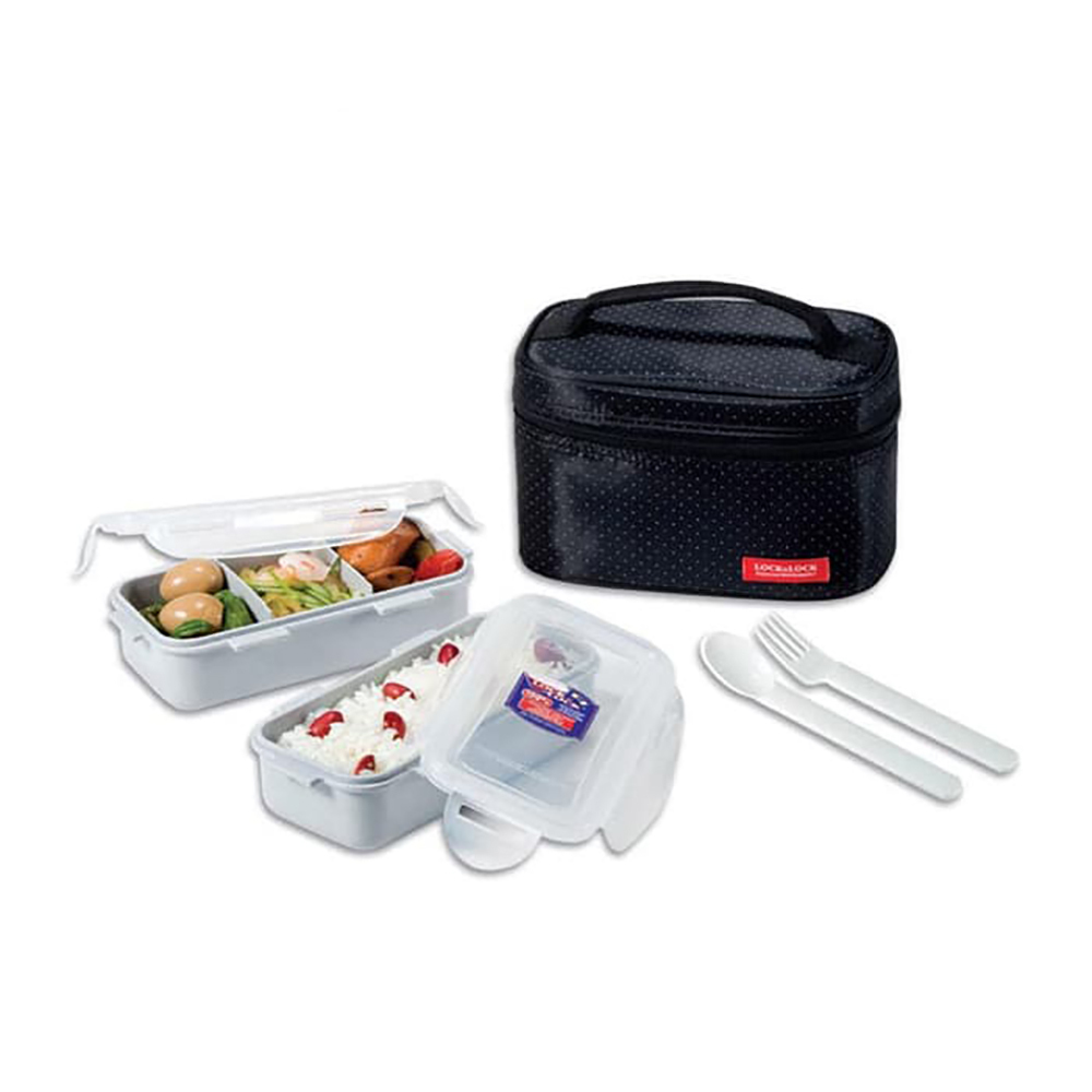 HPL752DB Lock & Lock Lunch Box 2PCS With Black Bag & Spoon Fork Set