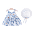 Girl Floral Print Bowknot Design Strap Dress And Straw Hat Set (4-5 Years) 20418396