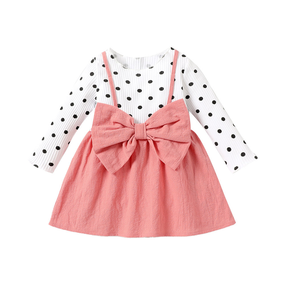 Baby Girl Solid & Dots Spliced Ribbed Long-Sleeve Bow Front Dress (9-12 Months) 20566873