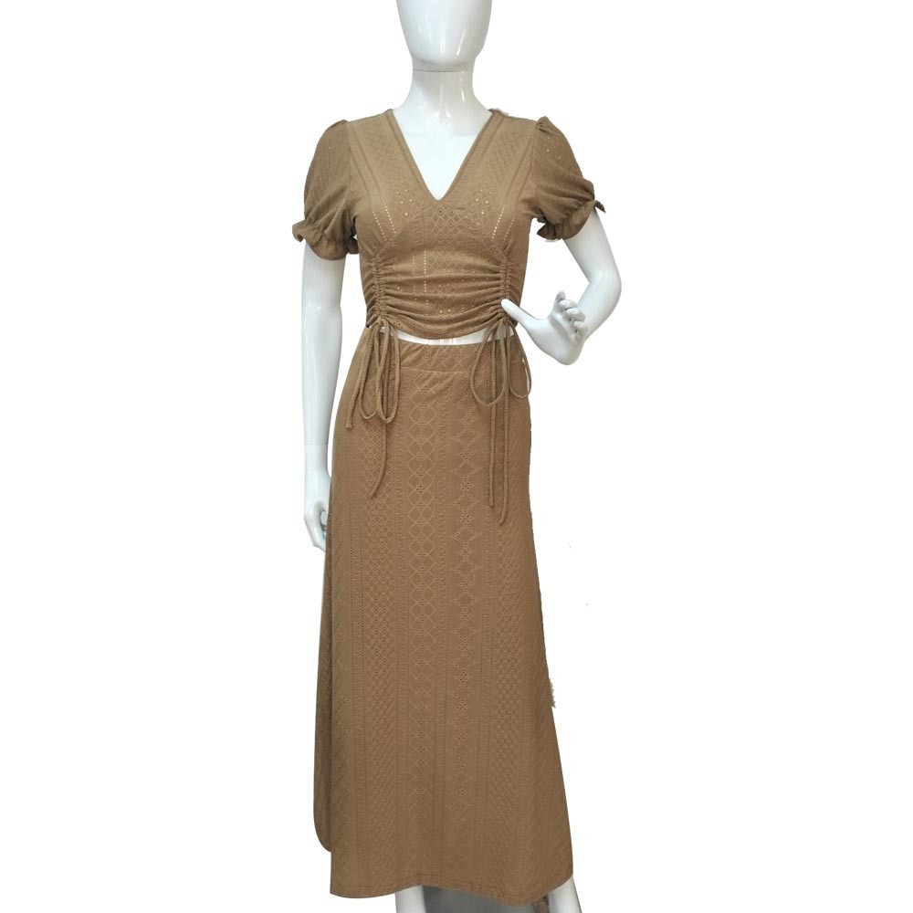 TS Dress Collection Crop Top String and Long Skirt Light Brown Large