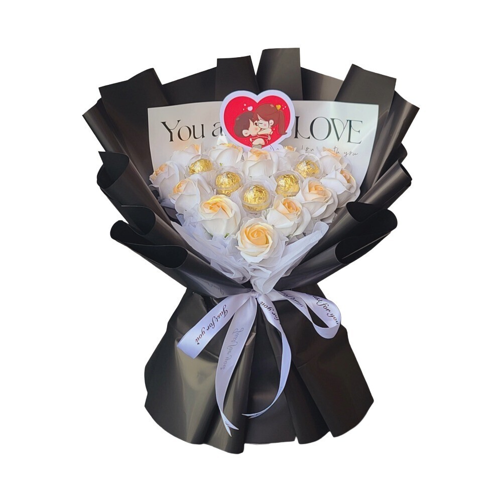 LiLi Floral White Velvet Artificial Flower & Chocolate Bouquet