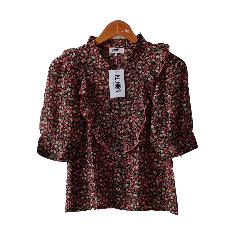 Kudos Floral Chiffon Woman Blouse  B-011 Reddish Brown  XL