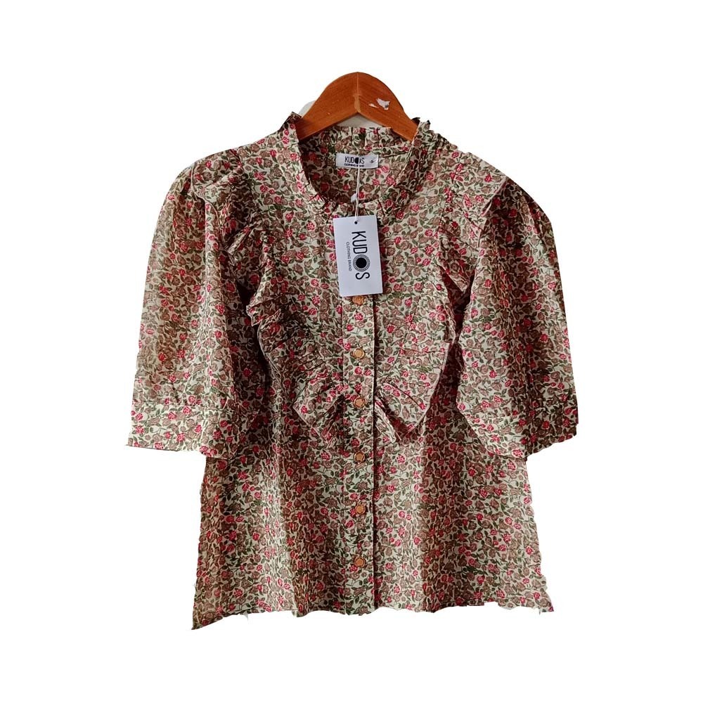 Kudos Floral Chiffon Woman Blouse  B-011 Tan Large