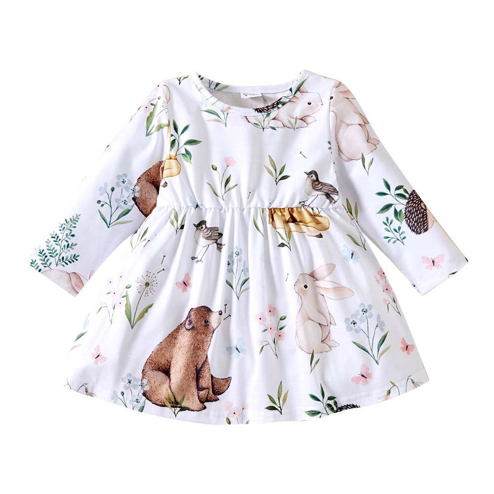 Baby Girl Animals And Plants Print White Long-Sleeve Dress (12-18 Months) 19950550